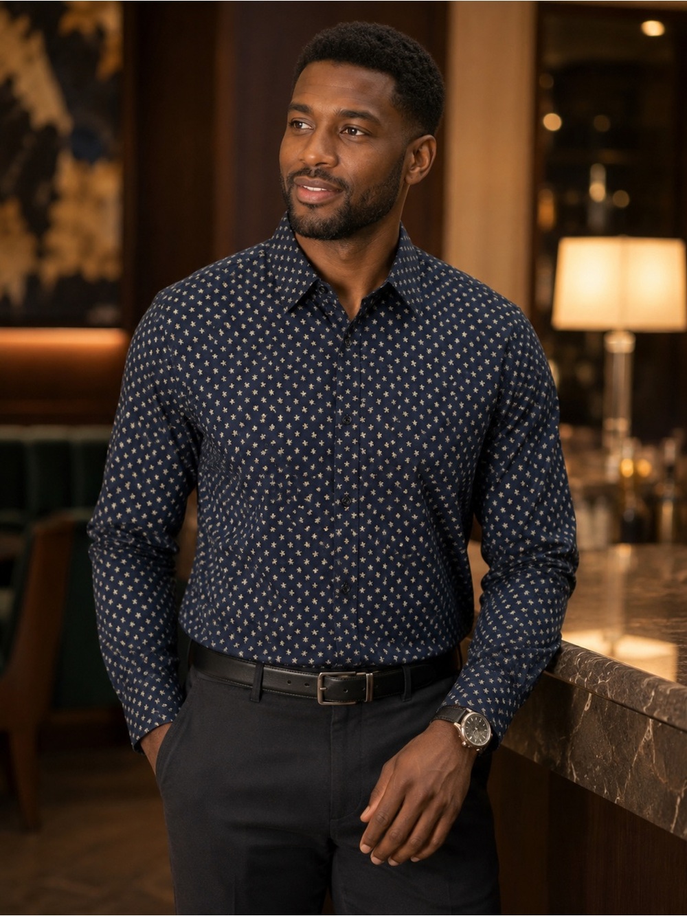 Club Monaco Navy Print Button-Up Shirt L Quiet Luxury Old Money Smart Casual